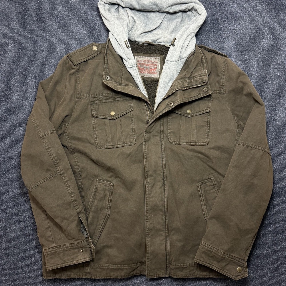 Levi's Jacket Mens XL Brown Canvas Hooded Sherpa Lined Full Zip Military Utility